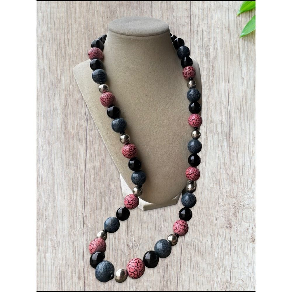 90s Chunky Bead Necklace Long Statement Necklace Crackle Beads